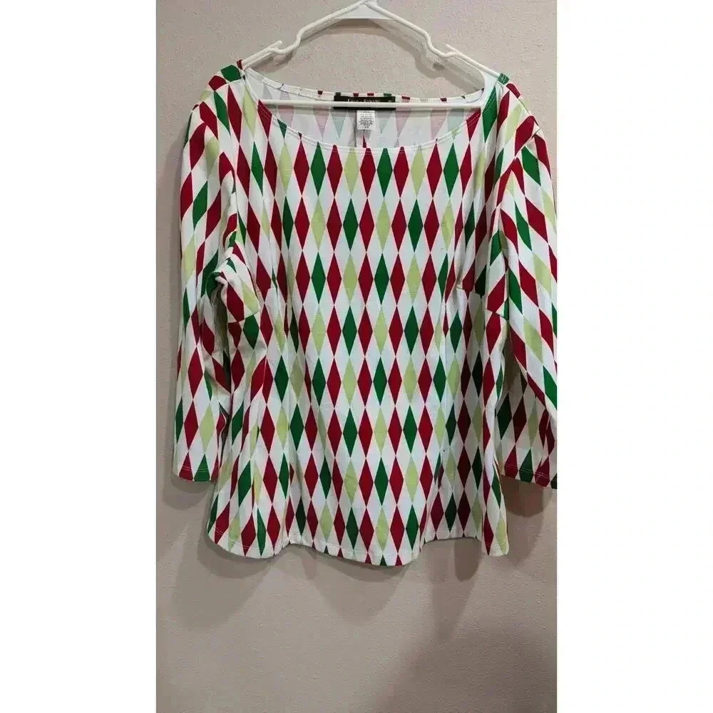 Women's Christmas harlequin print long sleeve shirt Laura Byrnes California 4X